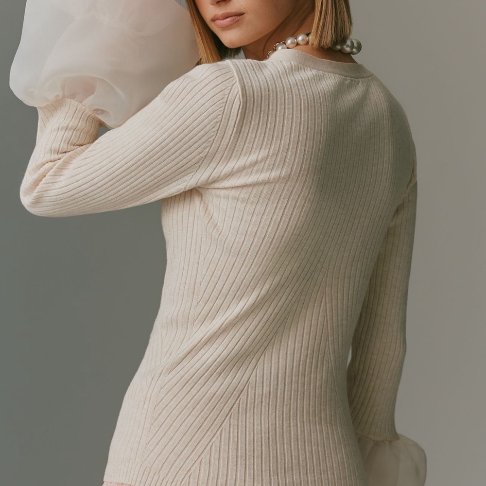 Anthropologie Maeve Cream Organza Cuff Sweater - Picture 3 of 4